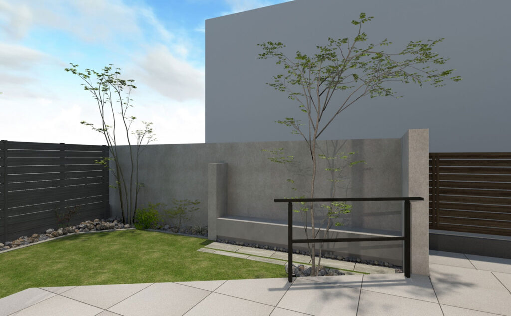 住宅の外構工事による庭・フェンス・アプローチの施工例